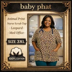 Baby Phat Scrub Top Womens 3XL Brown Leopard Print Short Sleeve Pockets Uniform